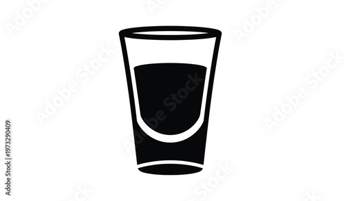 A simple black and white illustration depicts a classic shot glass filled with a dark liquid presented on a plain white background high quality