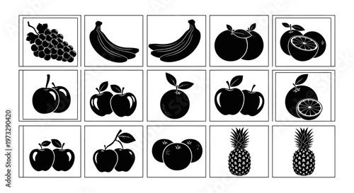 Collection of silhouette icons representing fresh fruits including grapes bananas oranges apples and pineapples arranged in a grid for culinary or educational use