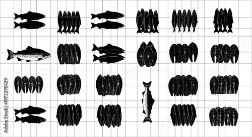 Collection of stylized salmon silhouettes and fillet icons arranged in a grid pattern on a clean white background representing seafood and culinary preparation