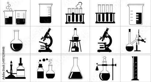 Collection of black and white scientific laboratory equipment icons including beakers flasks test tubes microscopes and burners representing research discovery and chemistry
