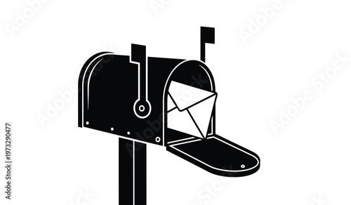A striking black and white illustration depicts a classic mailbox with its door open revealing a letter inside symbolizing communication and delivery high quality