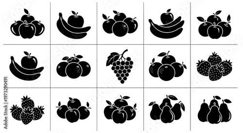 Collection of silhouetted fruits including apples bananas grapes strawberries and pears presented in a grid layout on a white background perfect for healthy eating and organic