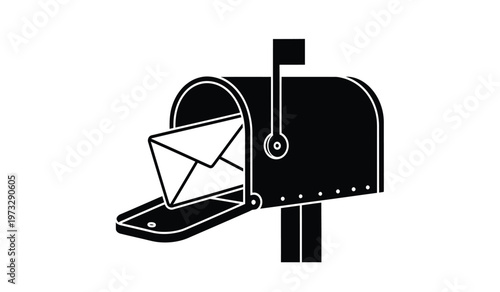 A stark black and white illustration depicts a traditional mailbox with its door open revealing a single envelope inside high quality professional detailed modern