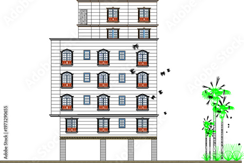 Detailed Technical Graphic of a Vintage Apartment Building Facade Showcasing Old Window Patterns and Classic Architecture Design Scales