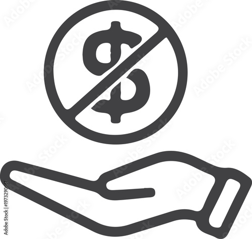 Hand holding a circle with a dollar sign crossed out, representing no cost or free, no cost