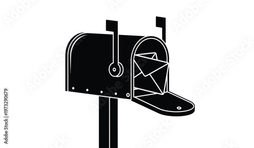 A stark black and white silhouette depicts a classic mailbox with its door open revealing several letters inside high quality professional detailed modern elegant