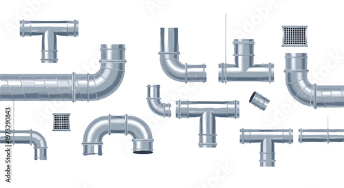 Various individual grey metallic pipe segments including elbows and T-junctions are meticulously arranged as separate components against a clean white background.