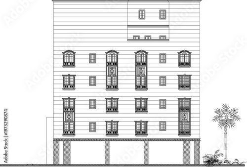 Classic Architecture Elevation Study for an Old Multi-Storey Apartment Building Highlighting Vintage Window Design and Technical Scales