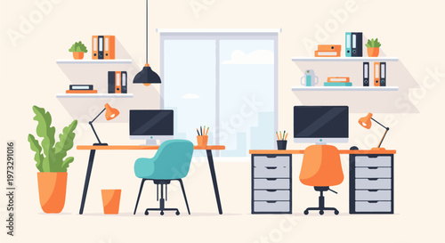 Modern Home Office Setup with Two Desks and Computers 9.