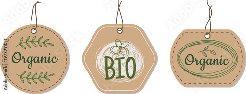 Decorative organic and bio-themed hanging labels for eco-friendly products or packaging