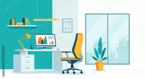 Modern Office Workspace with Computer and Chair.