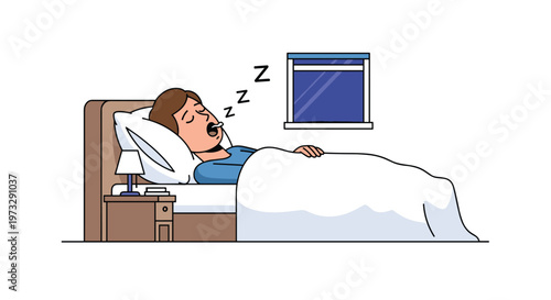 A man snores loudly while sleeping in his bed with visible sound symbols floating above his open mouth next to a dark blue night window in a simple room.