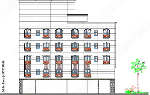 High-Resolution Architecture Elevation of an Old Apartment Building Featuring Vintage Design Elements and Professional Drafting Notations