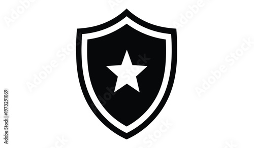 This minimalist image showcases a black shield with a prominent white five pointed star centered within its form symbolizing protection high quality professional detailed