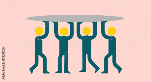 Four figures collaborating to lift a large, flat object.