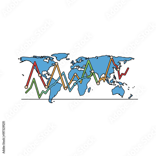 Global Market Insights: A dynamic depiction of the world map intertwined with colorful line graphs, illustrating the fluctuations and trends in global markets.