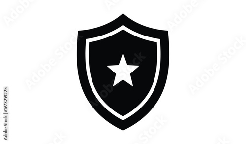 A stark black shield emblem features a prominent five pointed white star at its center symbolizing protection and security high quality professional detailed modern
