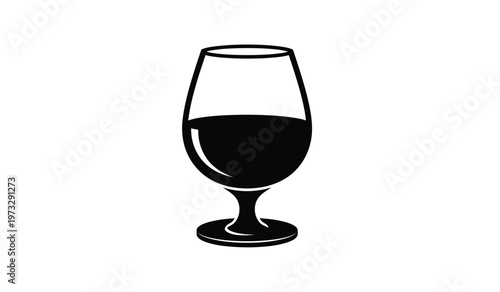 A minimalist black and white illustration depicts a stemmed glass partially filled with a dark liquid presented on a white background high quality professional
