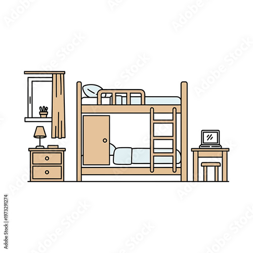 Cozy Bunk Bed Room: A tidy and inviting room with a bunk bed, desk, and bedside table, offering a space of comfort and rest. 