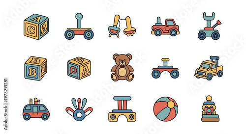 Colorful toy objects for children play.