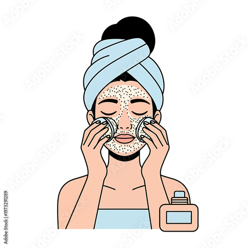 Spa-Day Skincare Routine: A serene depiction of a woman engrossed in her beauty rituals, using cotton pads to delicately cleanse her face, a towel gently wrapping her hair, and a spa-day product.