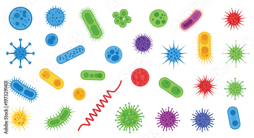 A comprehensive collection of colorful microorganisms including spiral bacteria and spiked viral particles is scattered across a clean white background.