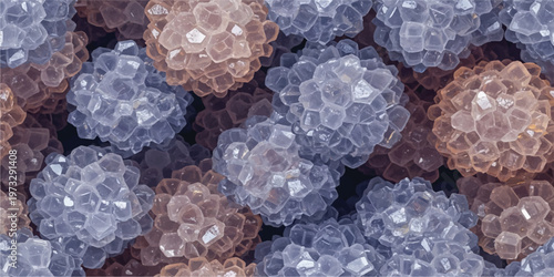 Interlocking translucent hexagonal clusters of silica gel, with an array of cool blues and warm browns creating a detailed scientific texture.