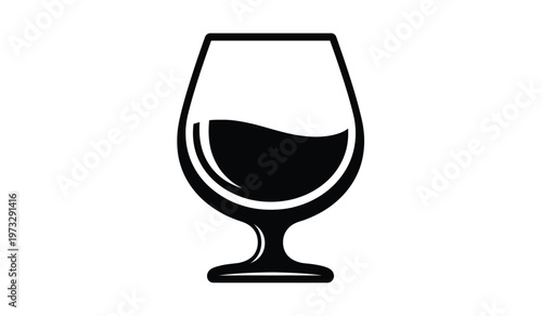 A stark black and white illustration depicts a stemmed glass partially filled with a dark liquid suggesting wine or brandy high quality professional detailed