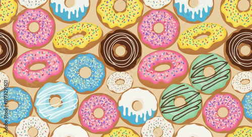 Donuts with colorful sweet frosting toppings.