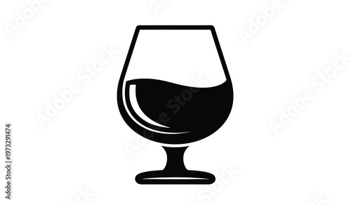 A minimalist black and white illustration depicts a stemmed glass partially filled with a dark liquid suggesting wine or brandy high quality professional detailed