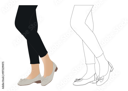 Stylish illustration of female legs in pants wearing flat shoes with bow detail. Includes colored and outline versions, ideal for fashion, footwear and lifestyle design concepts.