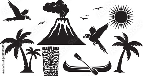 Tropical island, black silhouette icons, palm trees, volcano, canoe, tiki mask, vector graphics
