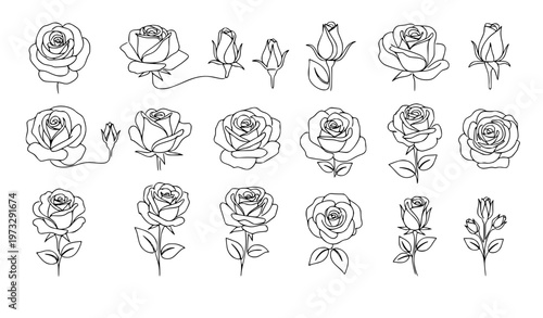 Quadro su tela Minimal Continuous Line Rose Set Black Outline Roses and Buds Vector Collection