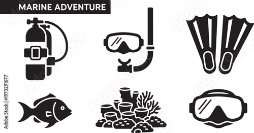 Marine icons, scuba diving symbols, ocean adventure graphics, black vector set