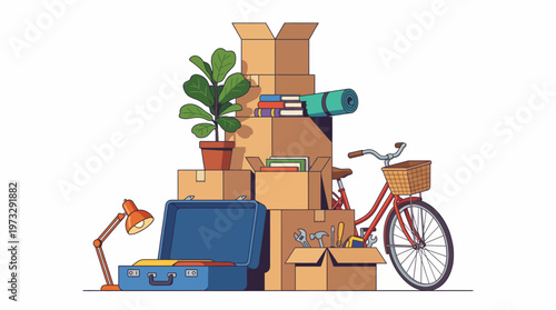 This image illustrates a collection of packing boxes, a bicycle, and various items, representing the process of moving and organizing belongings during relocation.