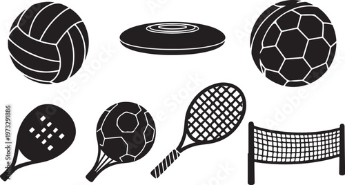 Sports icons, athletic symbols, ball and racket graphics, vector set