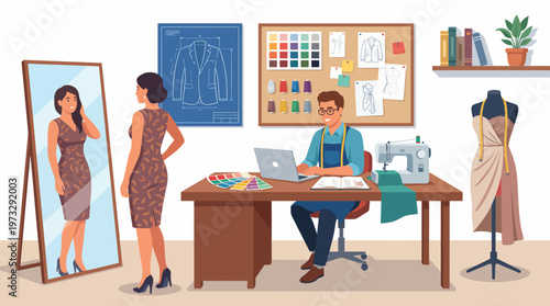 This engaging illustration portrays a fashion designer at work in their studio, surrounded by designs and materials, exemplifying creativity and artistry in fashion.