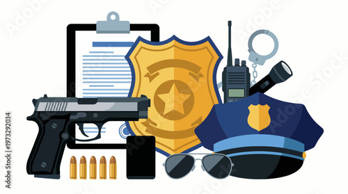 This image showcases essential police gear including a badge, gun, handcuffs, radio, and clipboard, representing law enforcement and responsibility in society.