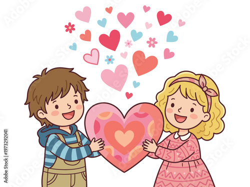 Two joyful children holding a large heart symbolize love, friendship, and the innocent joy of childhood in this colorful illustration, full of heart motifs and smiles.