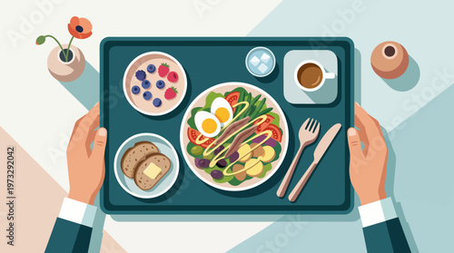 A nutritious and colorful breakfast tray featuring eggs, salad, toast, yogurt, and coffee, promoting healthy eating habits and a balanced lifestyle.