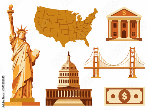 An artistic collage representing the United States featuring iconic symbols like the Statue of Liberty, Capitol, and map, reflecting national pride and culture.