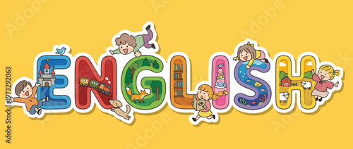 A colorful educational poster featuring playful children, designed to inspire excitement and interest in learning English through vibrant imagery and energetic visuals.