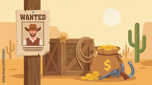 A classic Western scene depicting a wanted poster alongside a sheriff badge, cash, and a revolver, capturing the adventurous spirit and iconic imagery of the Wild West.