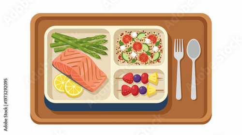 An appetizing meal tray featuring a variety of healthy foods, displaying balanced nutrition with colorful vegetables, salmon, and refreshing fruit skewers, perfect for wellness.