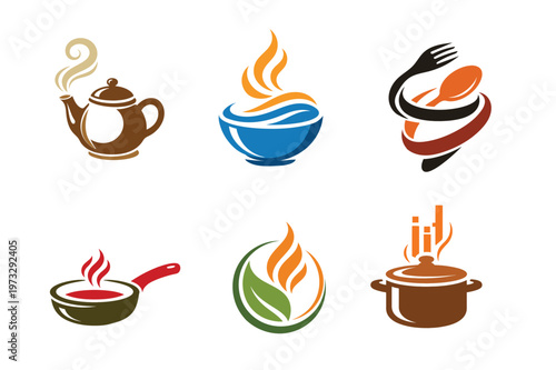 Culinary emblems teapots bowls utensils and cooking elements in vector style