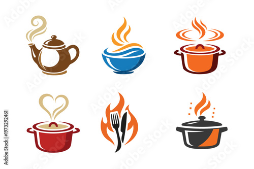 Stylized icons depicting hot beverages soups and cooking utensils