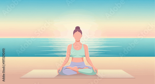 Woman practicing yoga on a serene beach at sunrise wearing athletic wear