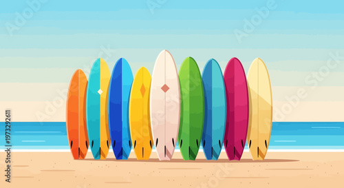 Colorful surfboards standing upright on a sandy beach by the ocean waves in a vibrant vector graphic illustration