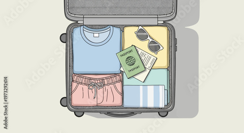 Open suitcase with neatly packed clothes and travel documents inside for a trip