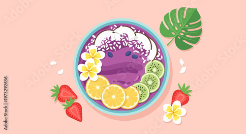 Vibrant purple acai bowl with fresh fruit and tropical flowers illustration
